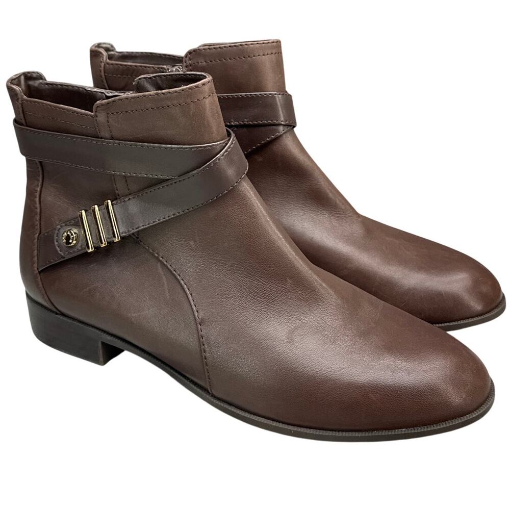 Anne Klein Kael Brown Leather Side Zip Buckle Strap  Ankle Boots Women 9.5